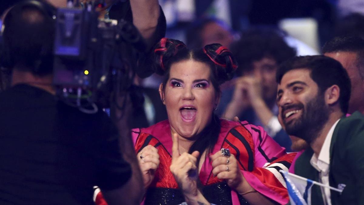 netta from israel reacts during the announcement of a voting180513004759