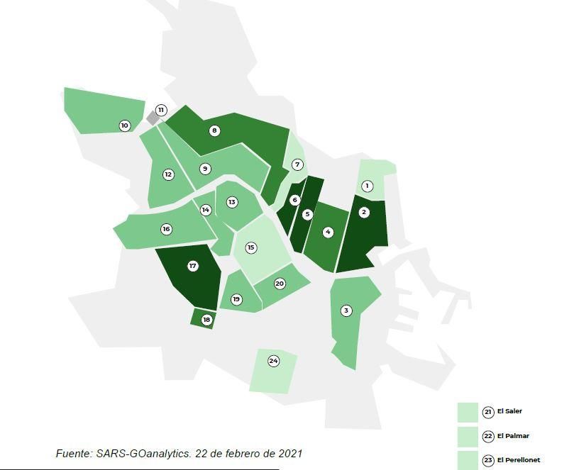 Mapa por barrios. Cuanto más oscuro es el verde, mayor concentración hay.