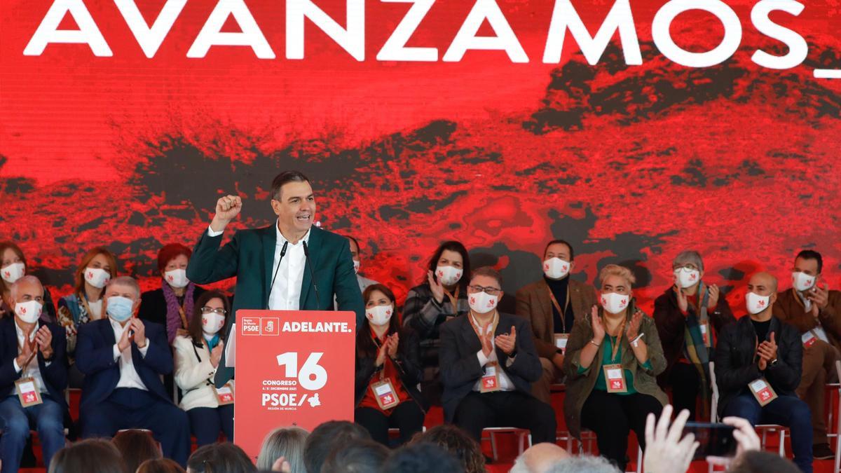 El secretario general del PSOE y presidente del Gobierno, Pedro Sánchez, en la segunda jornada del XVI Congreso Regional del PSRM.