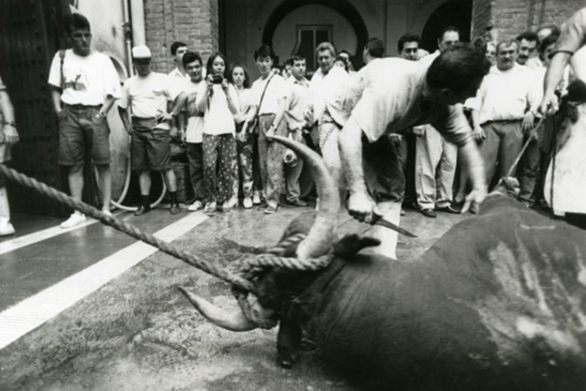 Un toro és retirat de la plaça, el 1991.