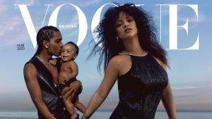 La cantante Rihanna, el rapero A$AP Rocky y el hijo de ambos, para la portada de Marzo de 2023 de la revista Vogue British. 