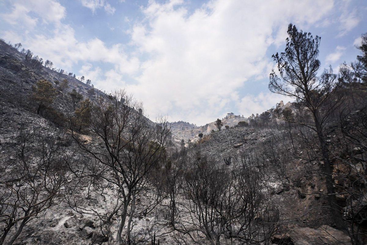 Fuego en Baix Ebre. Los bomberos trabajan en el incendio forestal en Paüls, Tarragona, este martes.