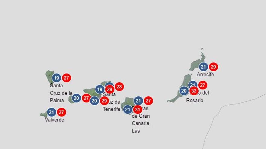 Predicción de temperaturas máximas y mínimas de la AEMT para el martes 4 de octubre de 2022 en Canarias.