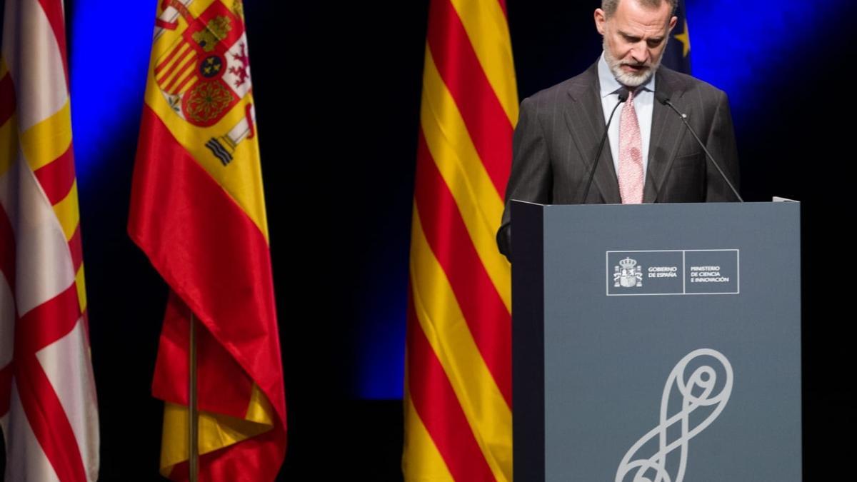 El rey Felipe VI durante su intervención en la entrega de los Premios Nacionales de Investigación 2021.