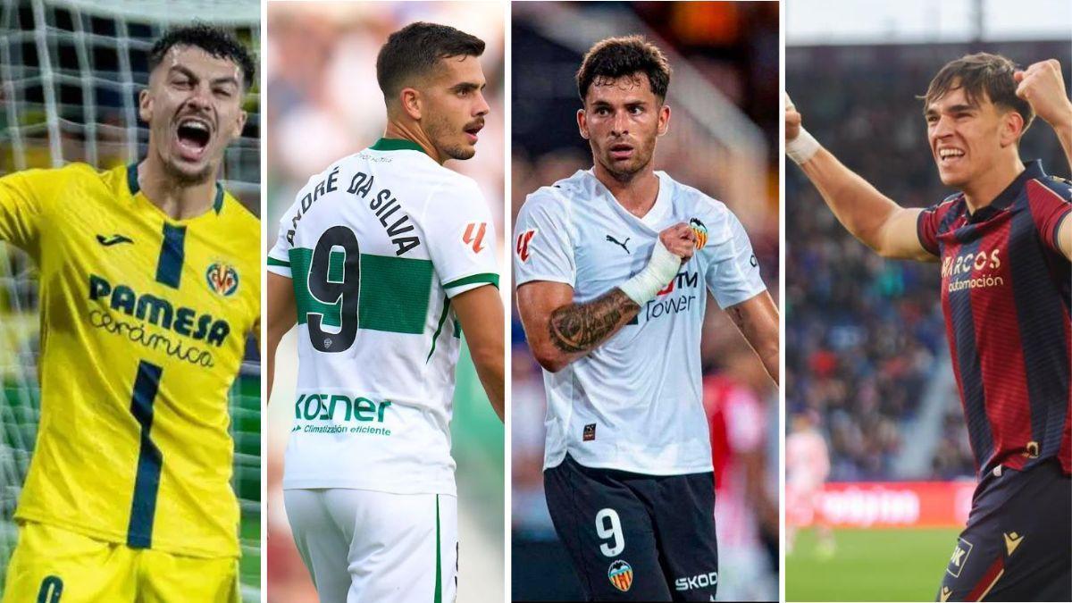 Los máximos artilleros de Villarreal, Valencia, Levante y Elche: Mikautadze, André Silva, Hugo Duro y Espí