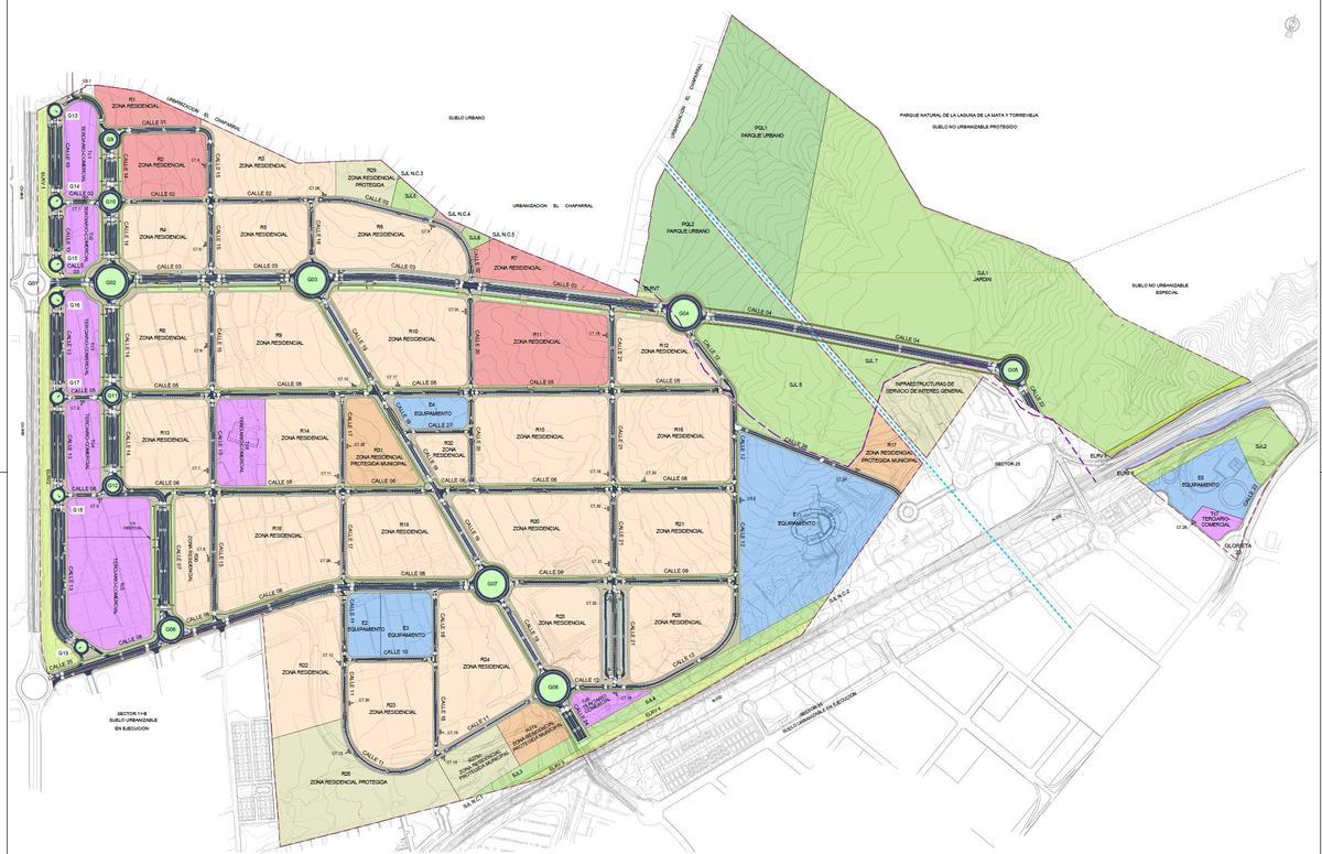 Zonificación por usos del plan de La Hoya. En morado las zonas comerciales, en verde las infraestructuras verdes y en marrón las residenciales. En azul las áreas de equipamiento.