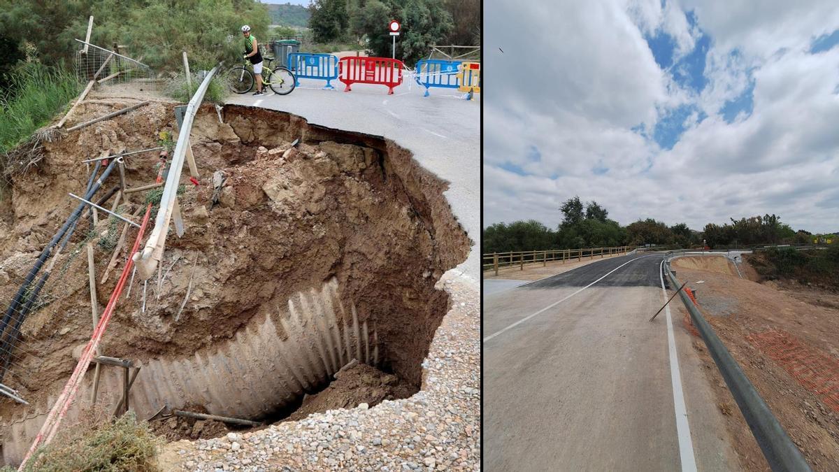 El socavón en Javalí Nuevo, junto al centro de visitantes de La Contraparada, en mayo y después de la reparación.