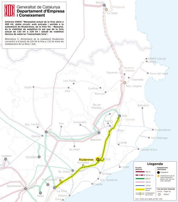 Mapa de l'alternativa 6, que preveu reconvertir a 220 kV la línia de 132 entre la Roca i Juià.