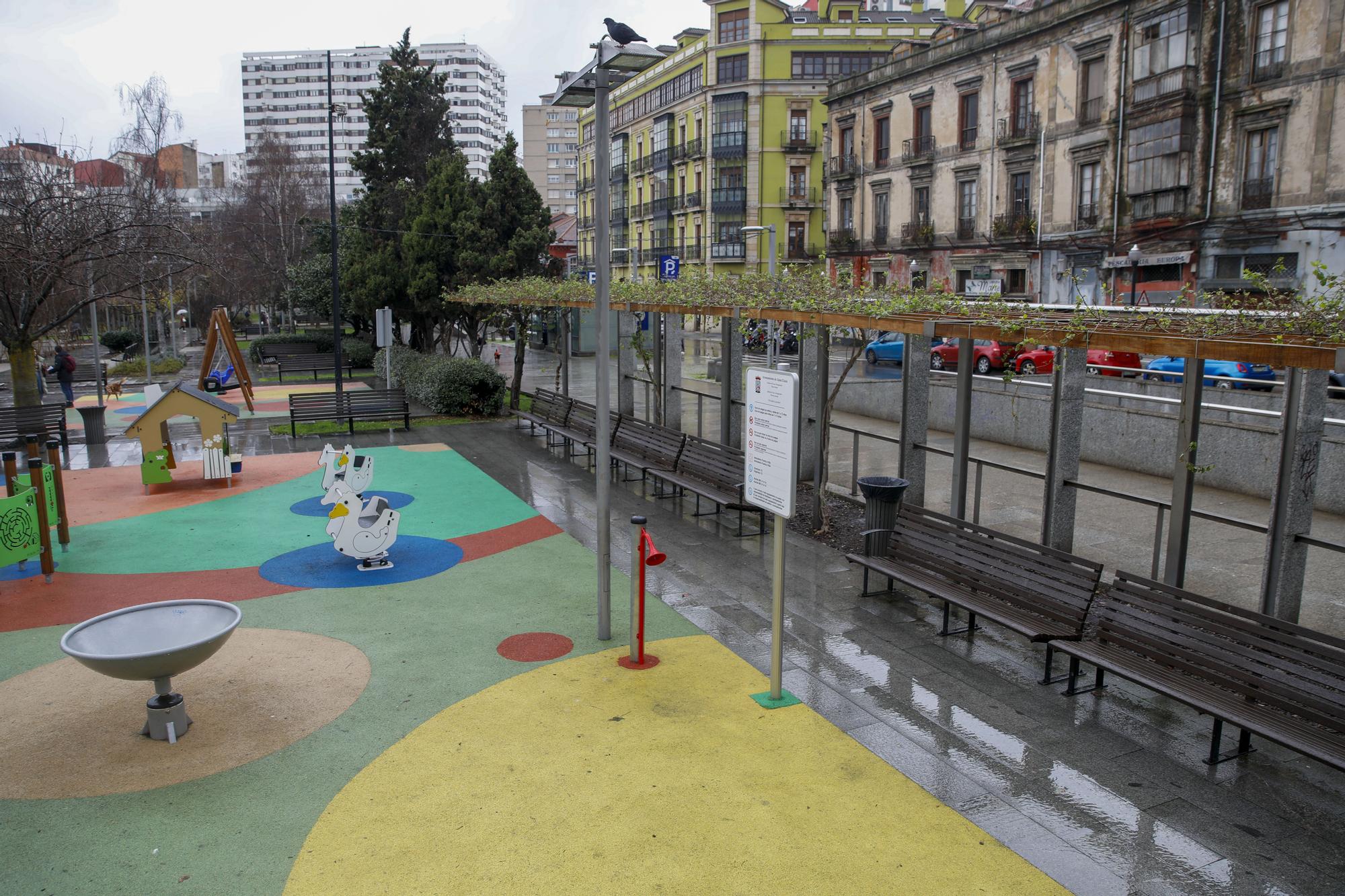 En imágenes: Sin flores de temporada y con pocos cuidados en las zonas verdes del centro de Gijón