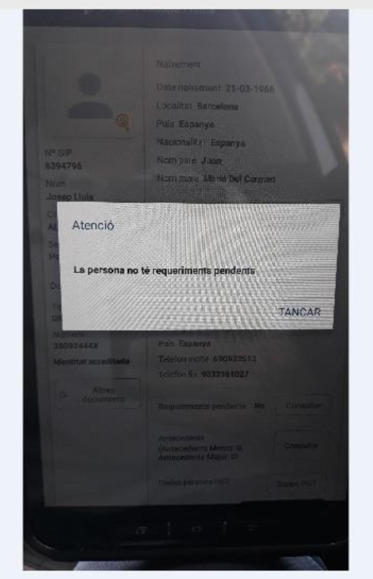 El pantallazo con la información remitida por el mosso a Alay.