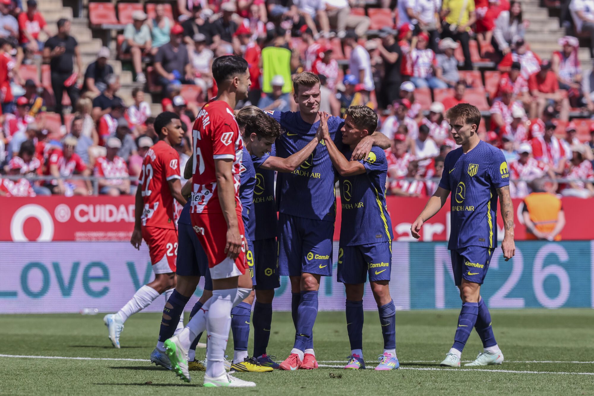 Alexander Sorloth of Atletico de Madrid celebrates a goal with his teammates during the Spanish league, La Liga EA Sports, football match played between Girona FC and Atletico de Madrid at Estadio de Montilivi on May 25, 2025 in Girona, Spain. AFP7 25/05/2025 ONLY FOR USE IN SPAIN. Javier Borrego / AFP7 / Europa Press;2025;SPORT;ZSPORT;SOCCER;ZSOCCER;Girona FC v Atletico de Madrid - La Liga EA Sports;