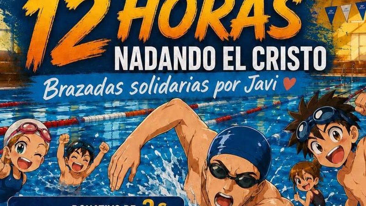 Cartel de la maratón solidaria de natación a favor de la asociación "El ángel de Javi".