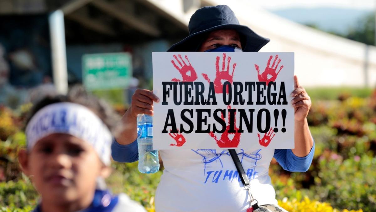 An anti-government protester takes part in a protest against Nicaraguan President Ortega's government in Managua