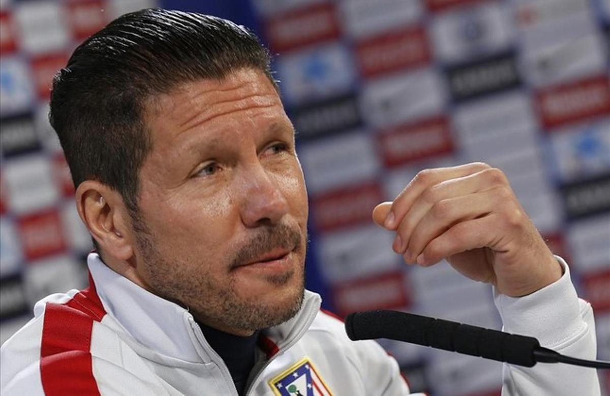Diego Simeone, entrenador de l’Atlètic de Madrid, en roda de premsa després de l’últim entrenament abans d’enfrontar-se amb el Llevant a la Lliga.