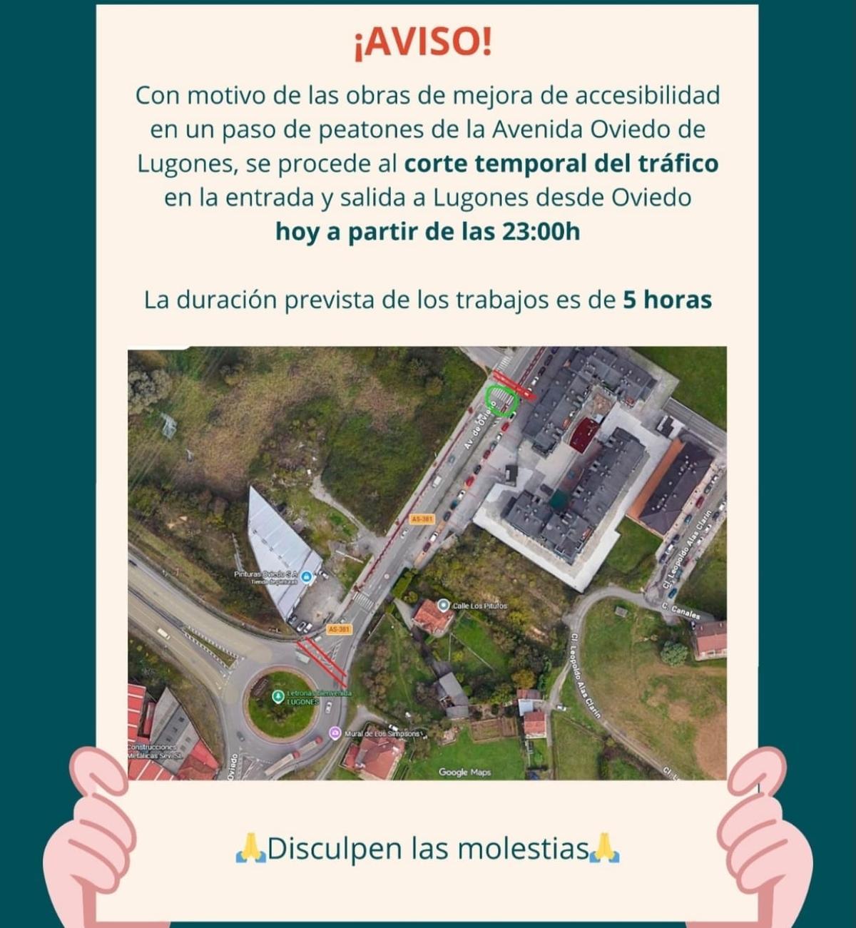 Cartel del Ayuntamiento advirtiendo del corte.