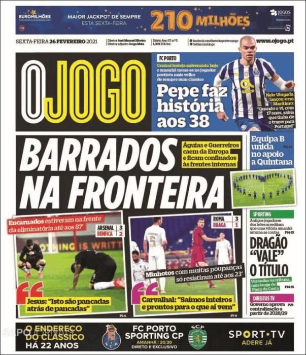 Portada O JOGO viernes 26 febrero 2021