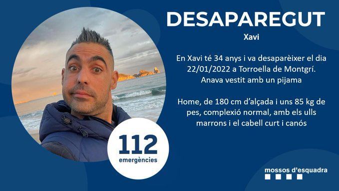 Mensaje de los Mossos d'Esquadra anunciando la desaparición de Xavi.