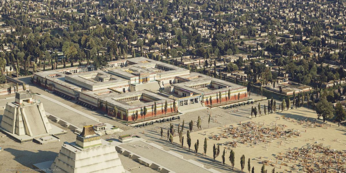 Esta imagen proviene del proyecto digital «Tenochtitlan.thomaskole.nl», en el que se reconstruye en 3D la antigua capital mexica. Las imágenes de Tenochtitlán son obra de Thomas Kole.