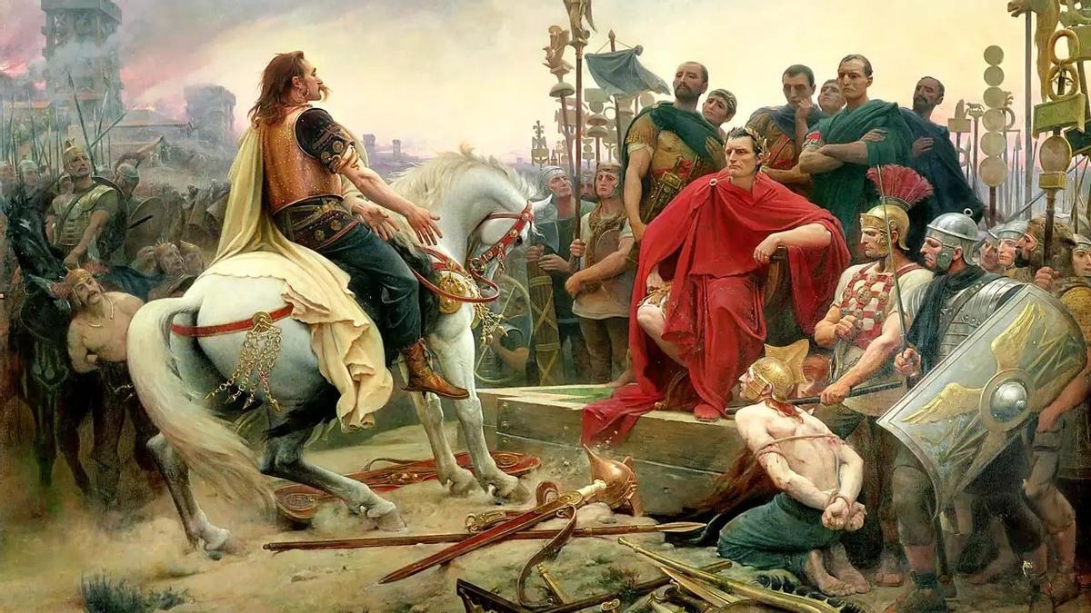 El caudillo galo Vercingétorix se rinde ante Julio César tras la batalla de Alesia en el año 52 a.C.
