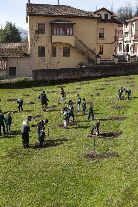 Los alumnos del colegio de Tudela Veguín y el alcalde de Oviedo, Wenceslao López, participan en la plantación de árboles de la fábrica de cemento