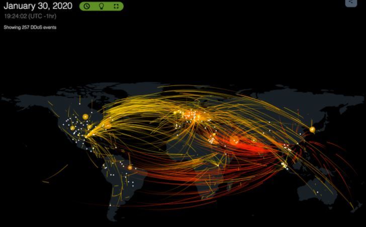 NetScout: Captura de pantalla del mapa de ciberataques del día 30/01/2020