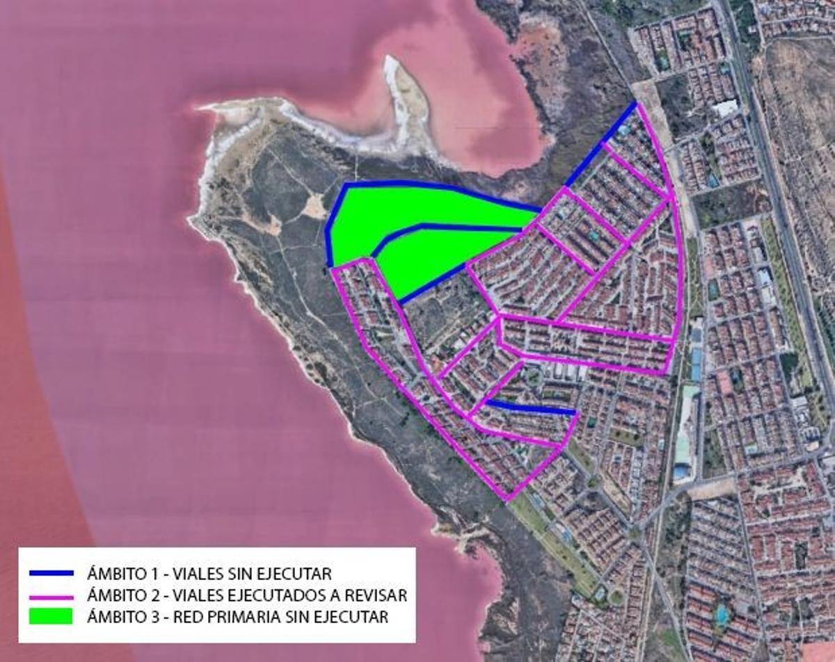 Propuesta del Ayuntamiento de Torrevieja al equipo redactor. La zona señalada en verde superior más cercana a la laguna es la propuesta como zona verde. La inferior son suelos dotacionales. Ambas atraesadas por dos nuevos viales