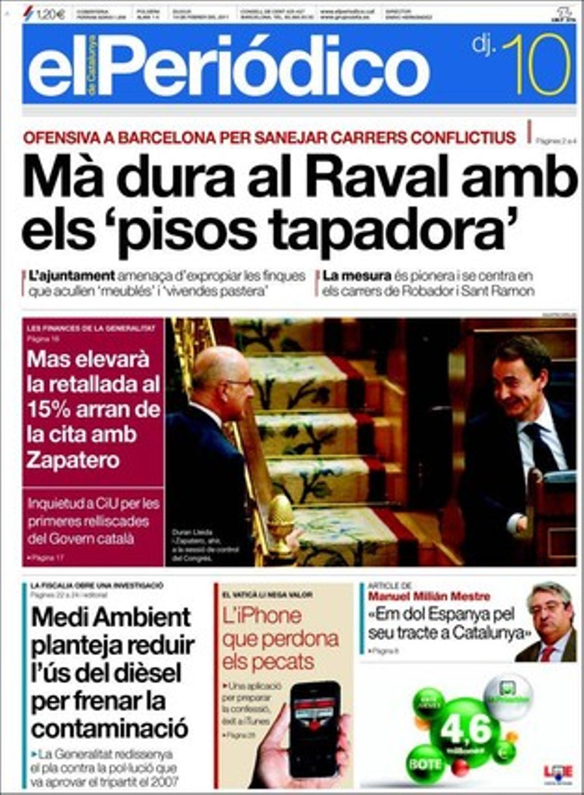 EL PERIÓDICO destaca a més que Rubalcaba saluda el pas de Sortu com el principi de la fi d’ETA, que els exàmens de setembre forçaran el retard de l’inici del curs, que el 17% dels afectats per sinistres greus de trànsit perden la parella, que els hotels de Barcelona remunten la crisi i aposten per nous usos, que augmenta a Espanya el nombre d’empreses que paguen segons la productivitat i que el model alemany es regeix per convenis que conjuguen inflació amb beneficis, que l’FMI dóna una garrotada a la gestió de Rato al capdavant de l’organisme i que per primera vegada en els 35 anys del Grec una companyia de dansa inaugurarà el festival de Barcelona.