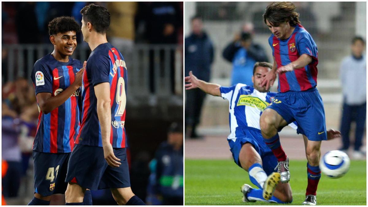 Lamine Yamal y Leo Messi, en sus respectivos debuts con el FC Barcelona