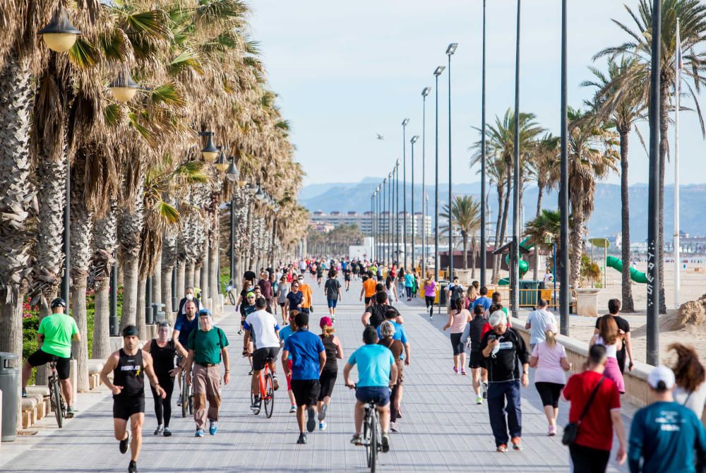 Deportistas en el Paseo Marítimo y en el Jardín del Turia de València