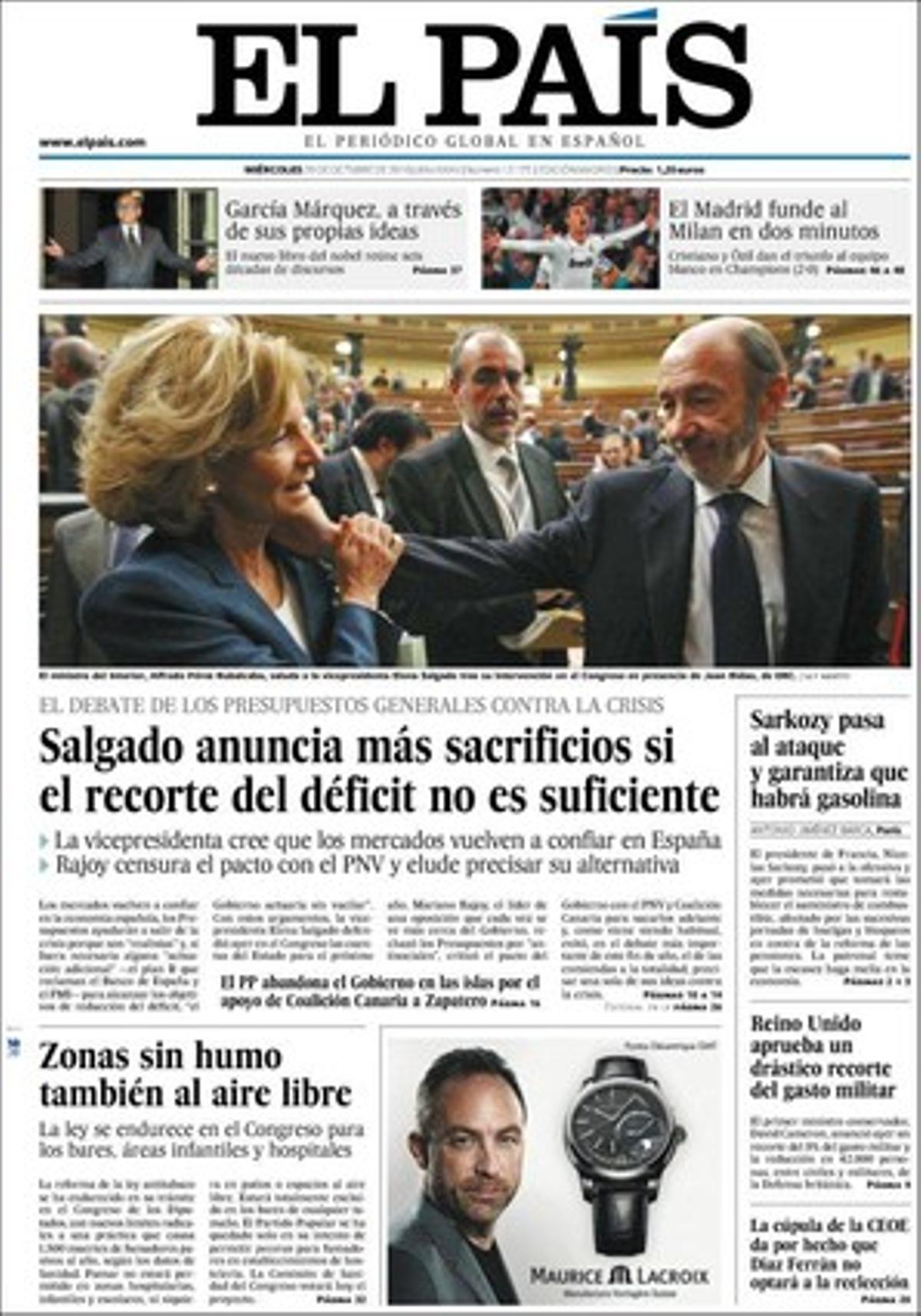 A les pàgines interiors, ’El País’ explica com a temes propis que Artur Mas admet ara que caldrà apujar algun impost en el futur, que el Palau de la Musica expedienta tres empleats per les agendes de Jordi Montull, que nou dels 14 consellers de la Generalitat no oiran la missa del Papa a la Sagrada Família, que passar la ITV a Catalunya serà més barat a les sis noves estacions, i que Brussel·les prohibeix durant un lustre clonar animals per destinar-los a alimentació.