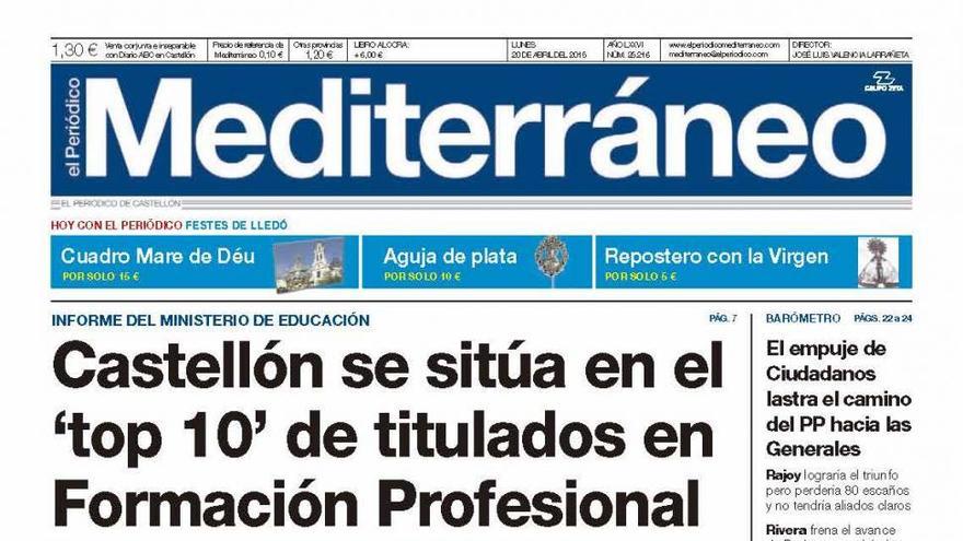 Castellón se sitúa en el ‘top 10’ de titulados en Formación Profesional, hoy en la portada de Mediterráneo