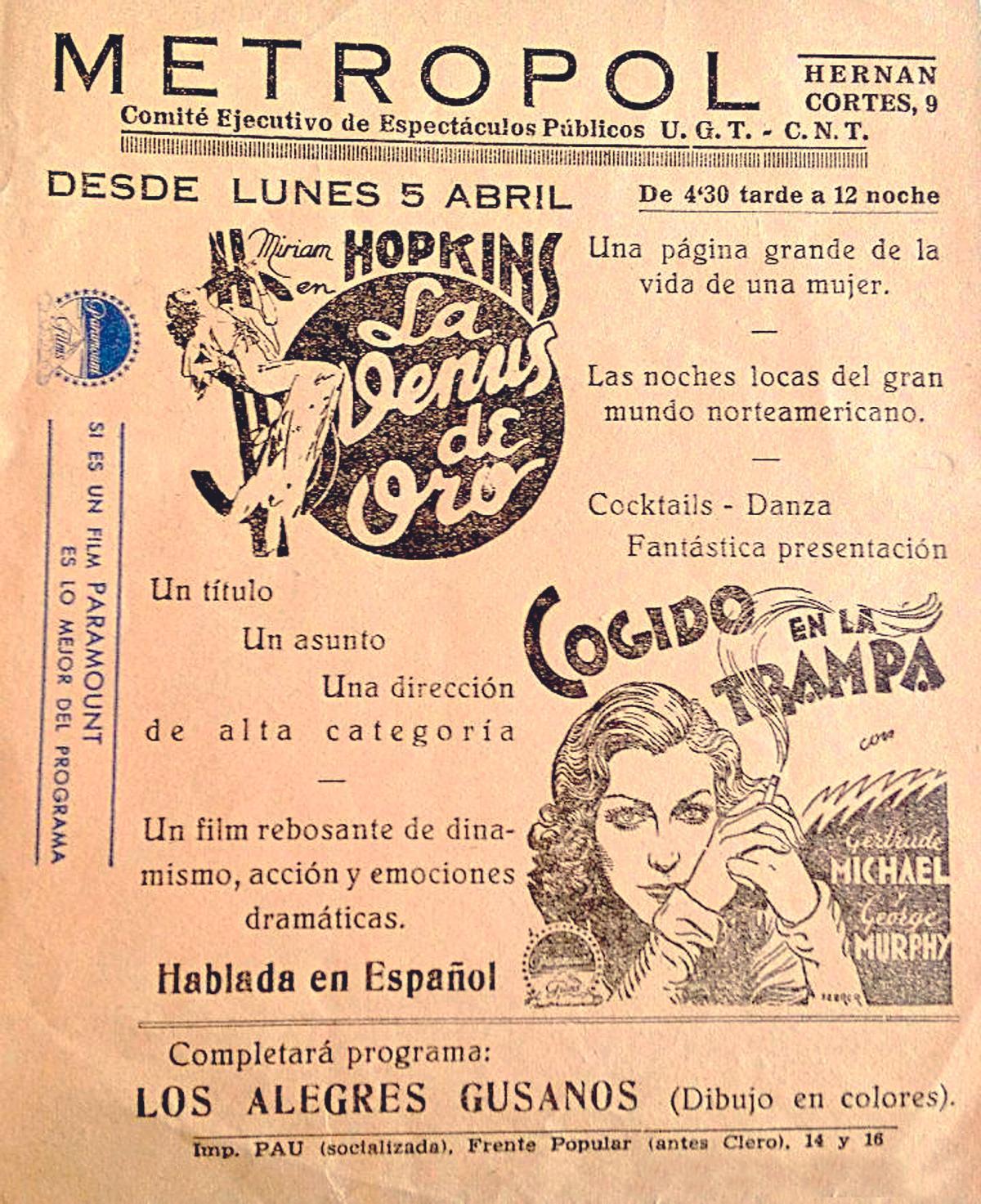 Programa del Metropol durante la Guerra Civil.