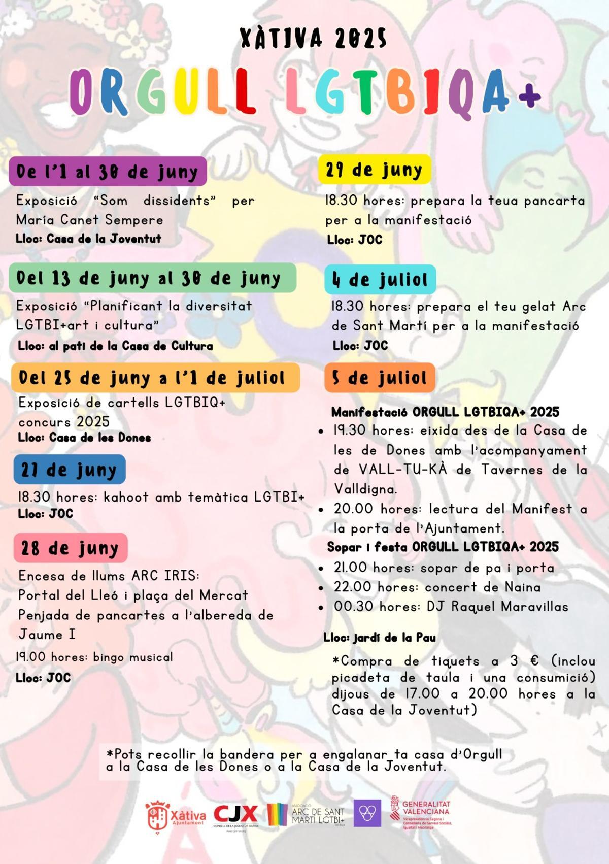 Programa de actos del Orgullo LGTBIQA+ en Xàtiva.