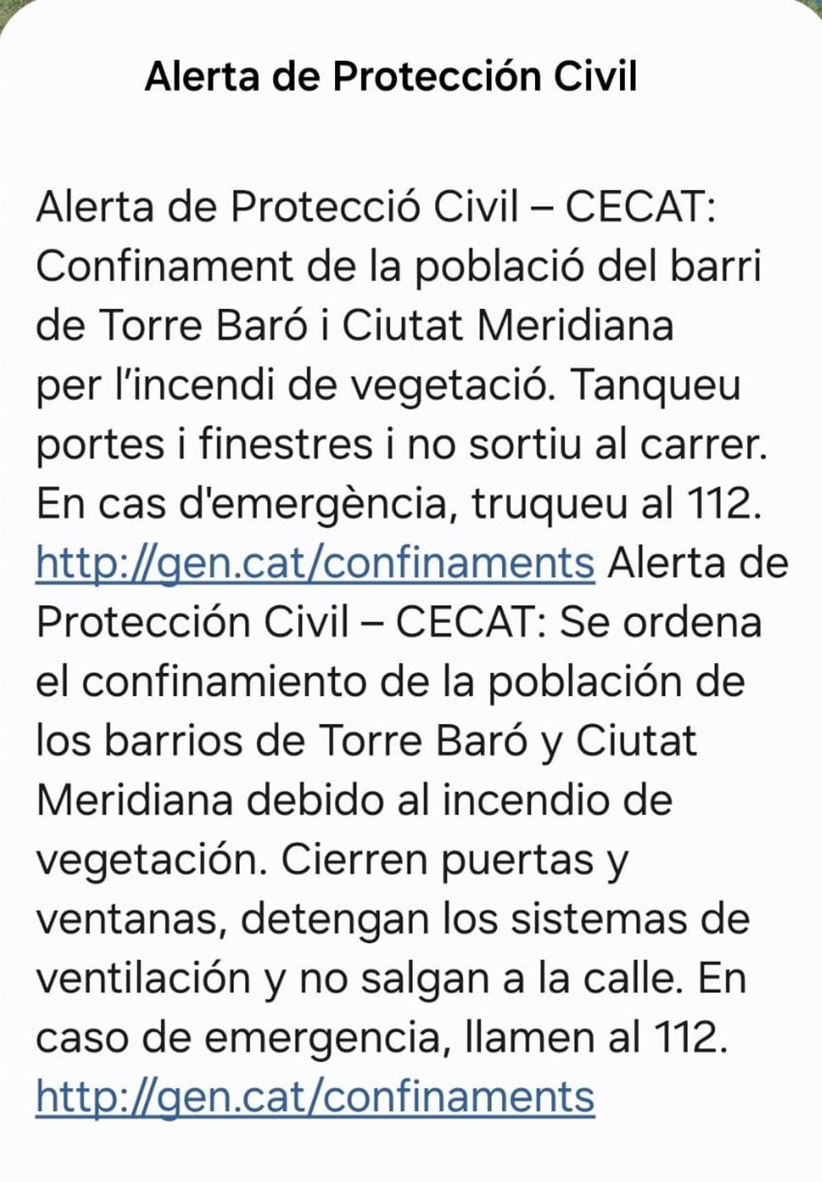 El mensaje que los vecinos de Torre Baró y Ciutat Meridiana han recibido para que se confinen a causa del fuego.