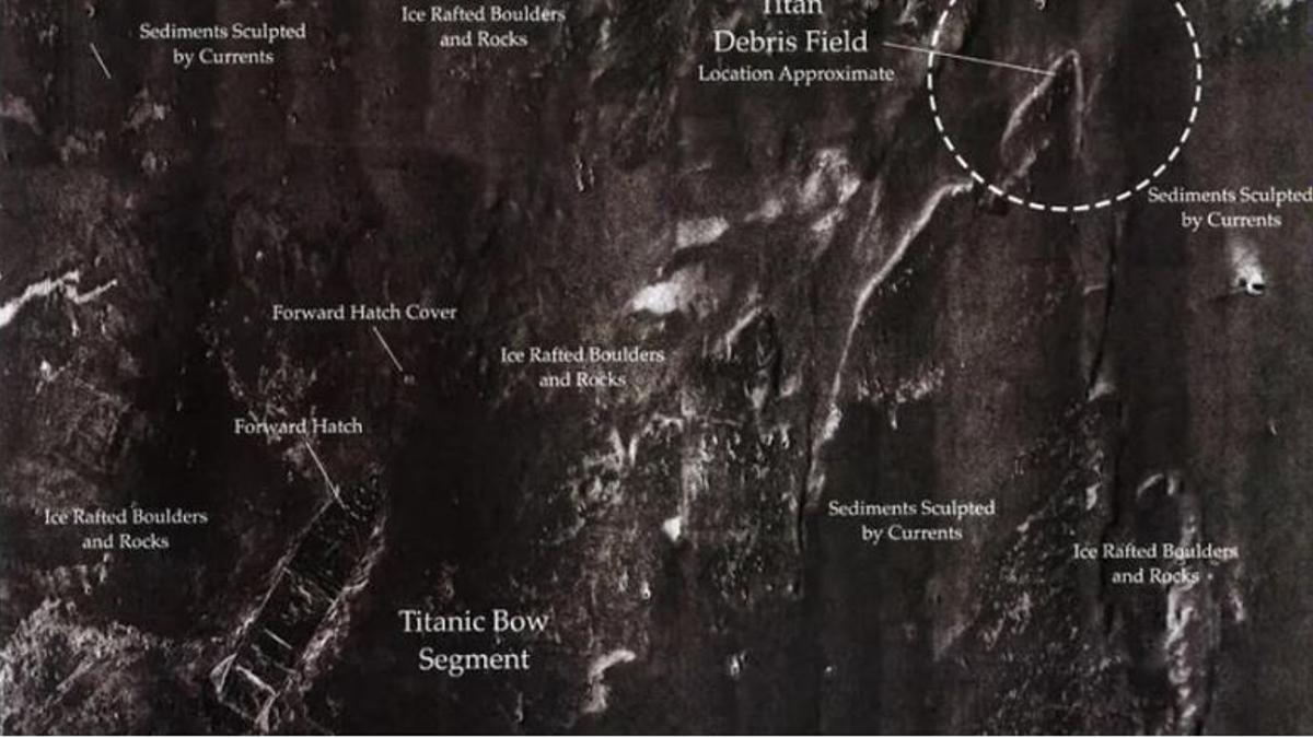 El mapa que mostra on es van trobar les restes del submergible Titan