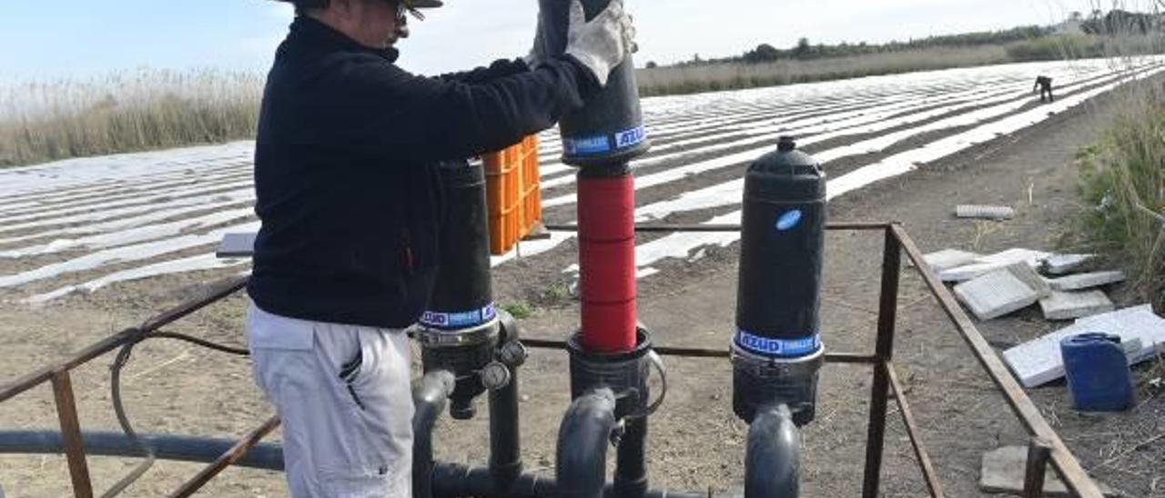 Un operario manipulando los filtros por donde pasa el agua de los azarbes.