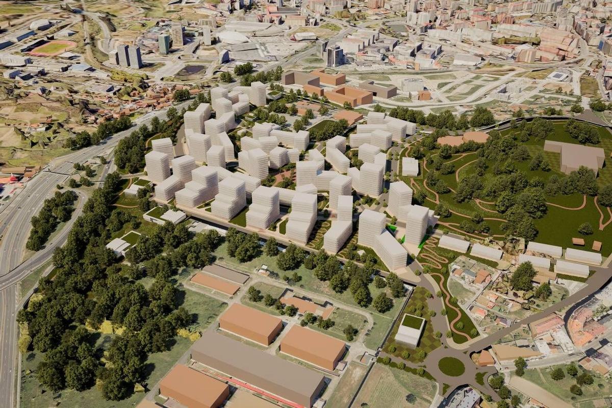 El futuro barrio de Monte Mero, con Alfonso Molina a la izquierda, la Ciudad de las TIC en la parte de abajo de la imagen y el nuevo parque a la derecha.