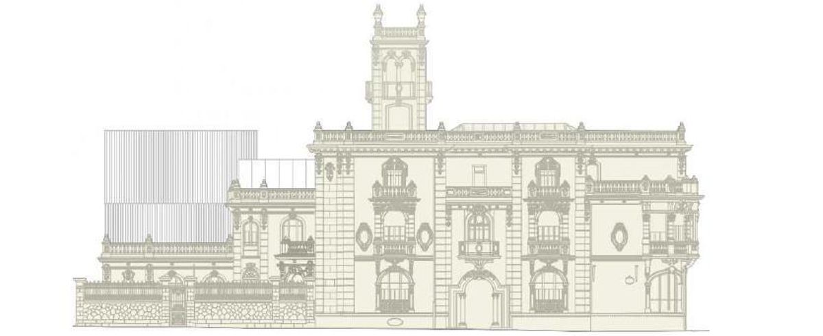 Diseño del anexo para el ascensor y las escaleras y la pasarela de vidrio