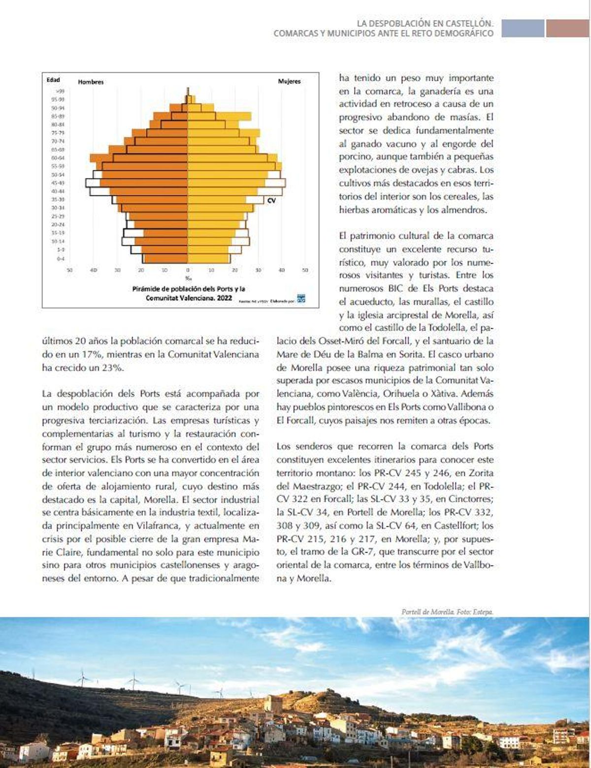 Página del estudio sobre Portell de Morella, con un gráfico de la pirámide poblacional.