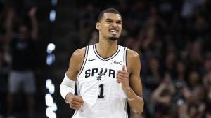 SAN ANTONIO, TEXAS - APRIL 28: Victor Wembanyama #1 of the San Antonio Spurs reacts after a made three-point basket against the Portland Trail Blazers during the second quarter in Game Five of the First Round of the NBA Western Conference Playoffs at Frost Bank Center on April 28, 2026 in San Antonio, Texas. NOTE TO USER: User expressly acknowledges and agrees that, by downloading and or using this photograph, User is consenting to the terms and conditions of the Getty Images License Agreement. Ronald Cortes/Getty Images/AFP (Photo by Ronald Cortes / GETTY IMAGES NORTH AMERICA / Getty Images via AFP). NOTE TO USER: User expressly acknowledges and agrees that, by downloading and or using this photograph, User is consenting to the terms and conditions of the Getty Images License Agreement