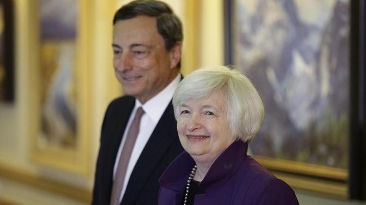 Mario Draghi y Janet Yellen en Jackson Hole en agosto del 2014.