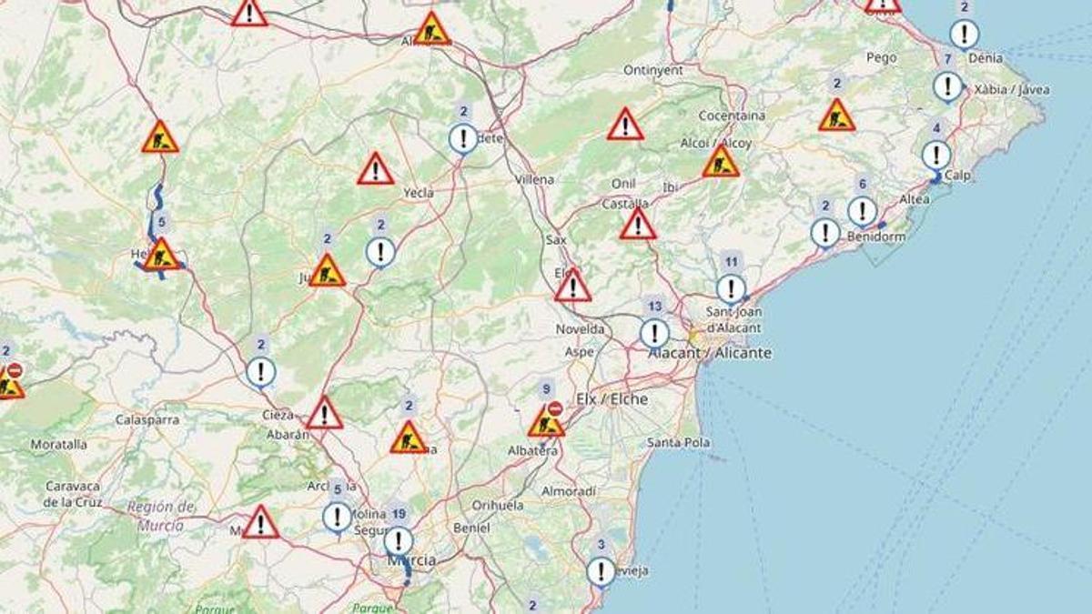 El mapa con las incidencias de tráfico esta mañana en la provincia de Alicante