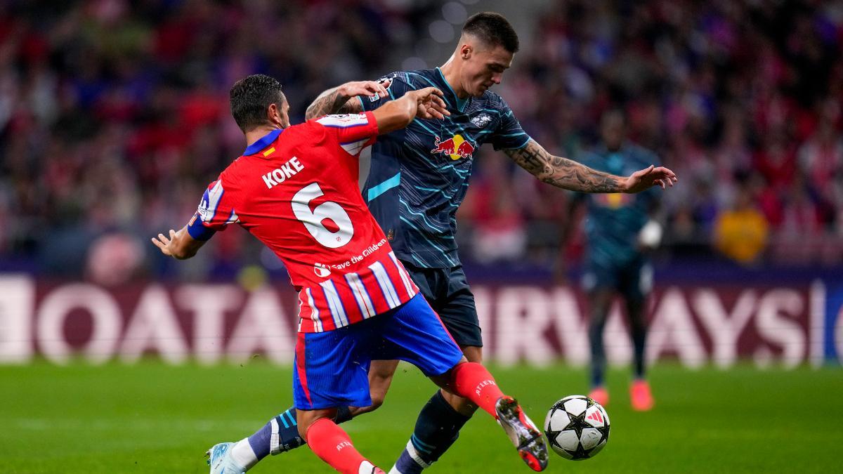 Benjamin Sesko, durante el partido de Champions League contra el Atlético de Madrid