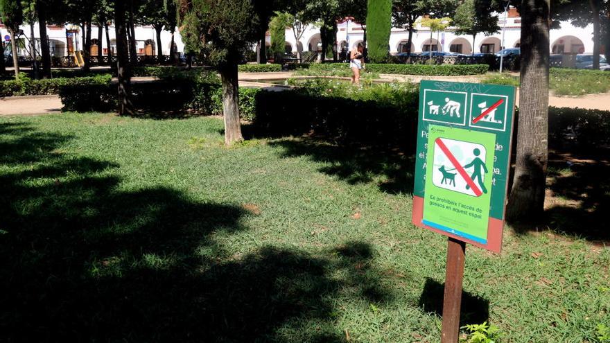 La plaça de l&#039;Assumpció de Sant Narcís amb un dels cartells que prohibeixen que s&#039;hi passegin gossos