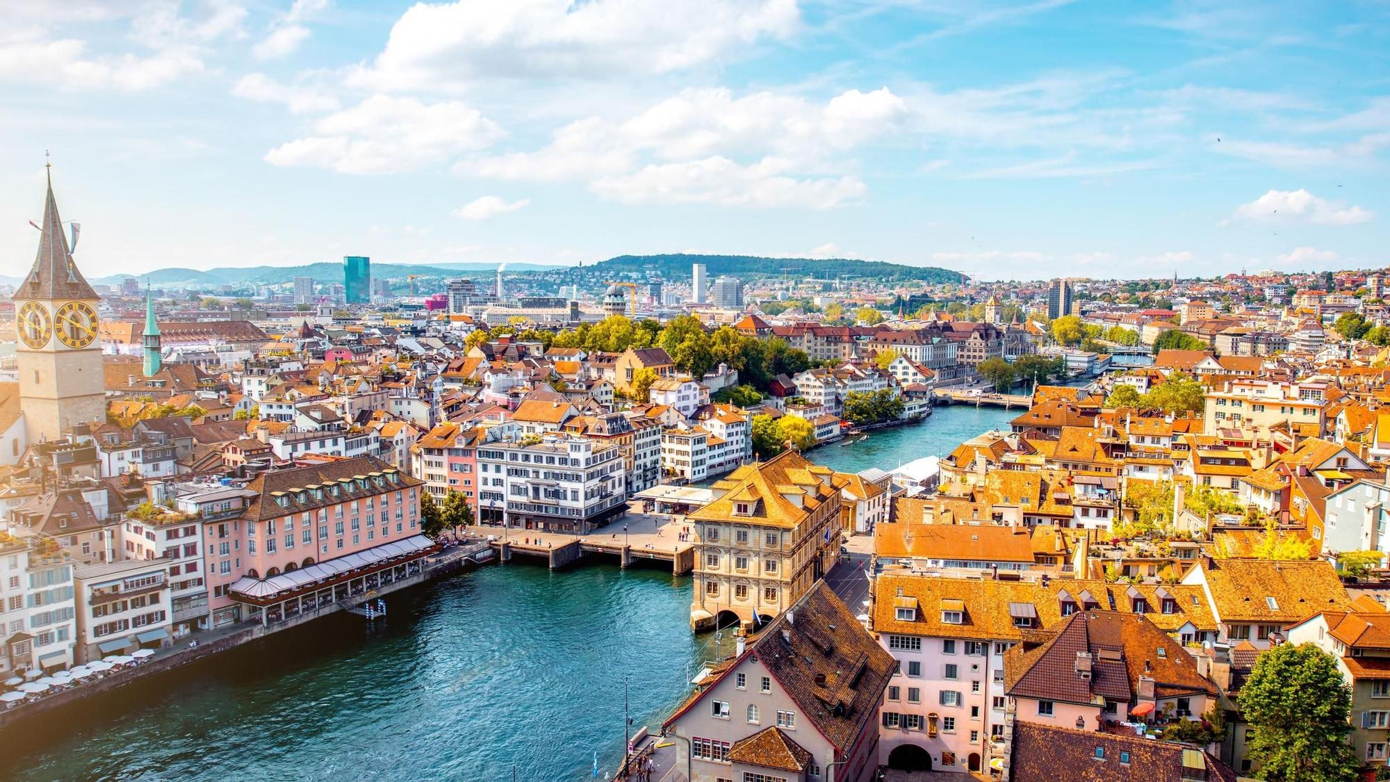 Aerial panoramic cityscape view on the old town of Zurich city in Switzerland