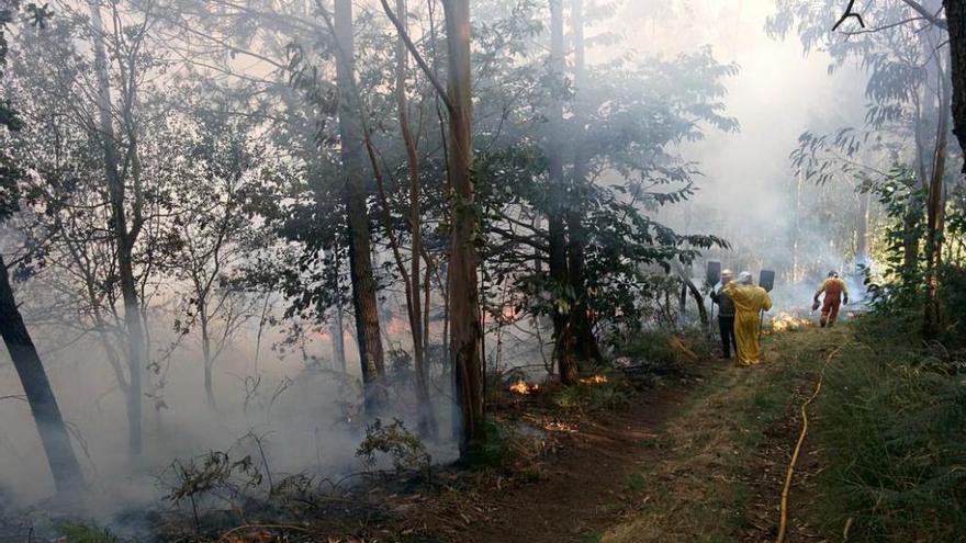 Los bomberos, ayer, tratando de apagar las llamas en Trelles (Coaña).