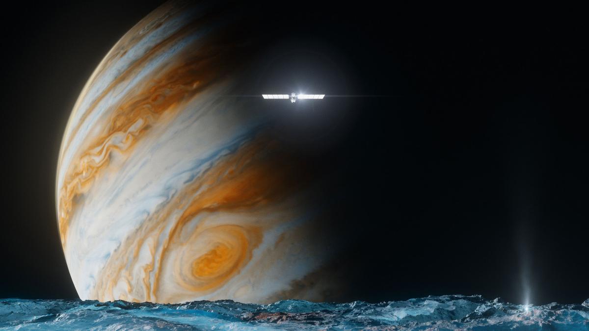Ilustración de la misión Europa Clipper llegando a Júpiter.