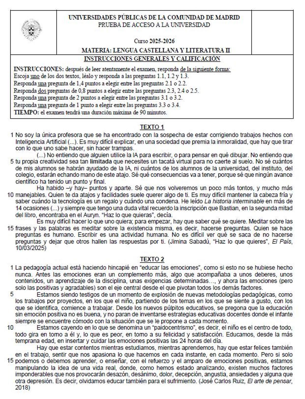 Examen de Lengua Castellana y Literatura de la PAU de julio de Madrid