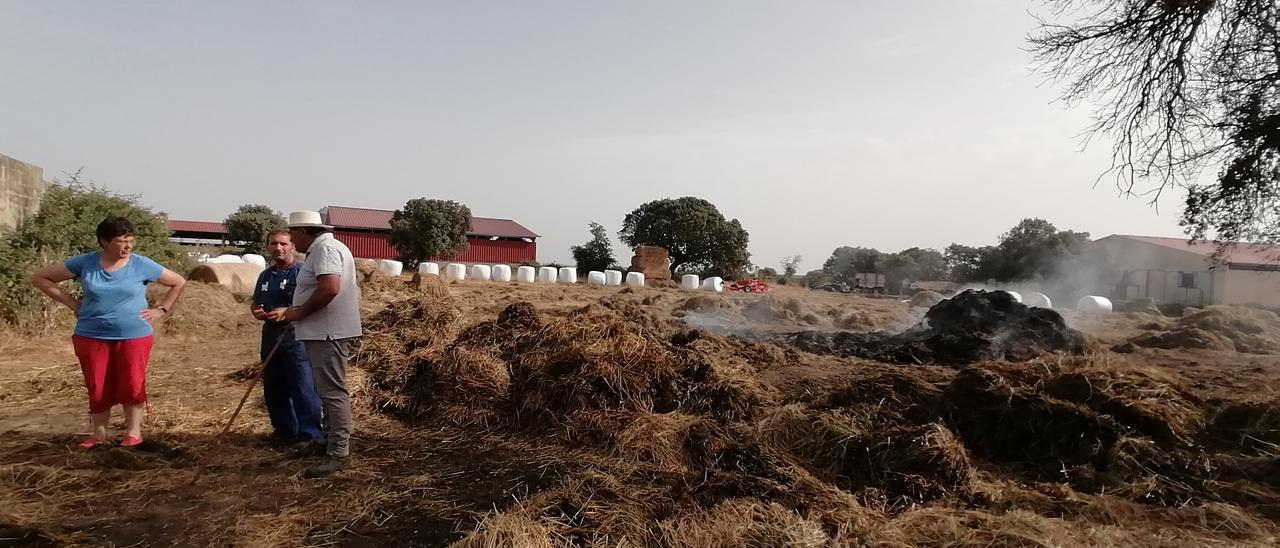 El alcalde Carlos Santos (con sombrero) junto a los ganaderos Ismael Garrote y María Jesús González muestran la zona afectada por el incendio en Piñuel