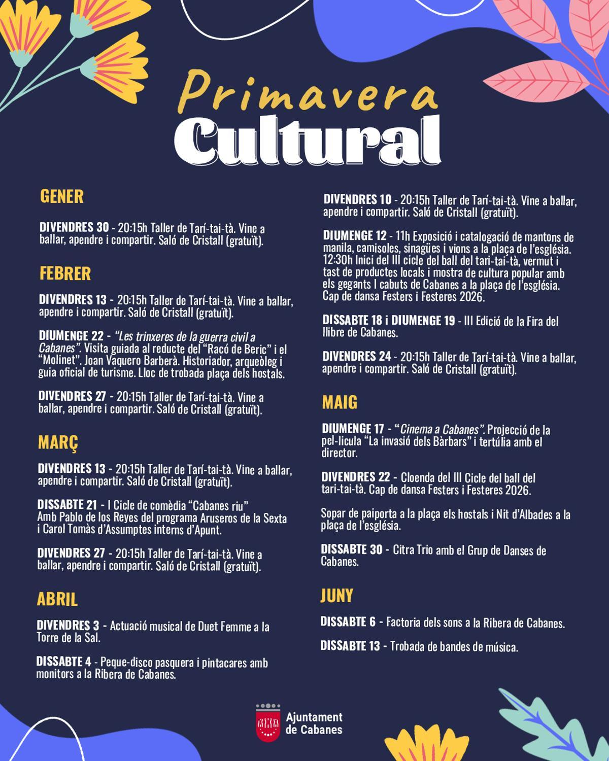 Programació de la 'Primavera cultural 2026' de Cabanes.